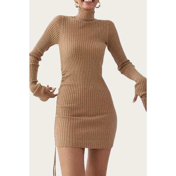 NEW MELODY FASHION ribbed-knit turtleneck mini dress in camel - Picture 1 of 3